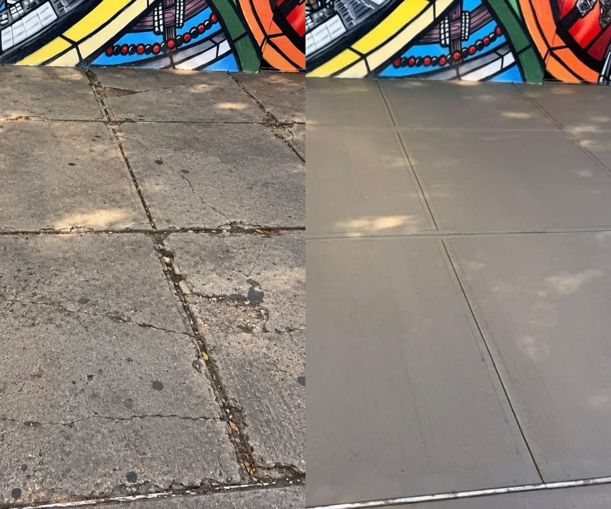 Before and after comparison of deteriorated, cracked concrete sidewalk slabs and newly installed concrete following sidewalk replacement at 17 Division Pl, Brooklyn, NY.