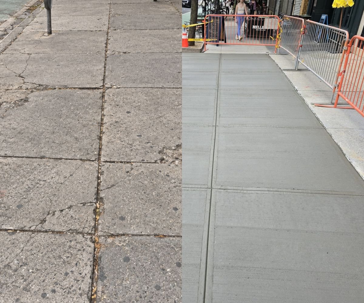 Illustrative before and after comparison showing cracked, deteriorated sidewalk concrete alongside newly installed sidewalk slabs at 1700 2nd Ave in Yorkville, Manhattan.