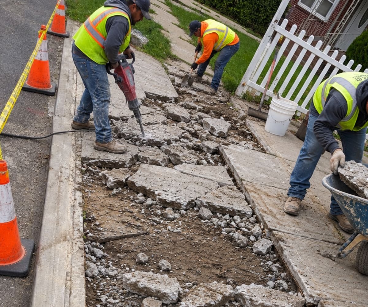FY Sidewalk crew removing old concrete for sidewalk and driveway replacement in Cambria Heights, Queens