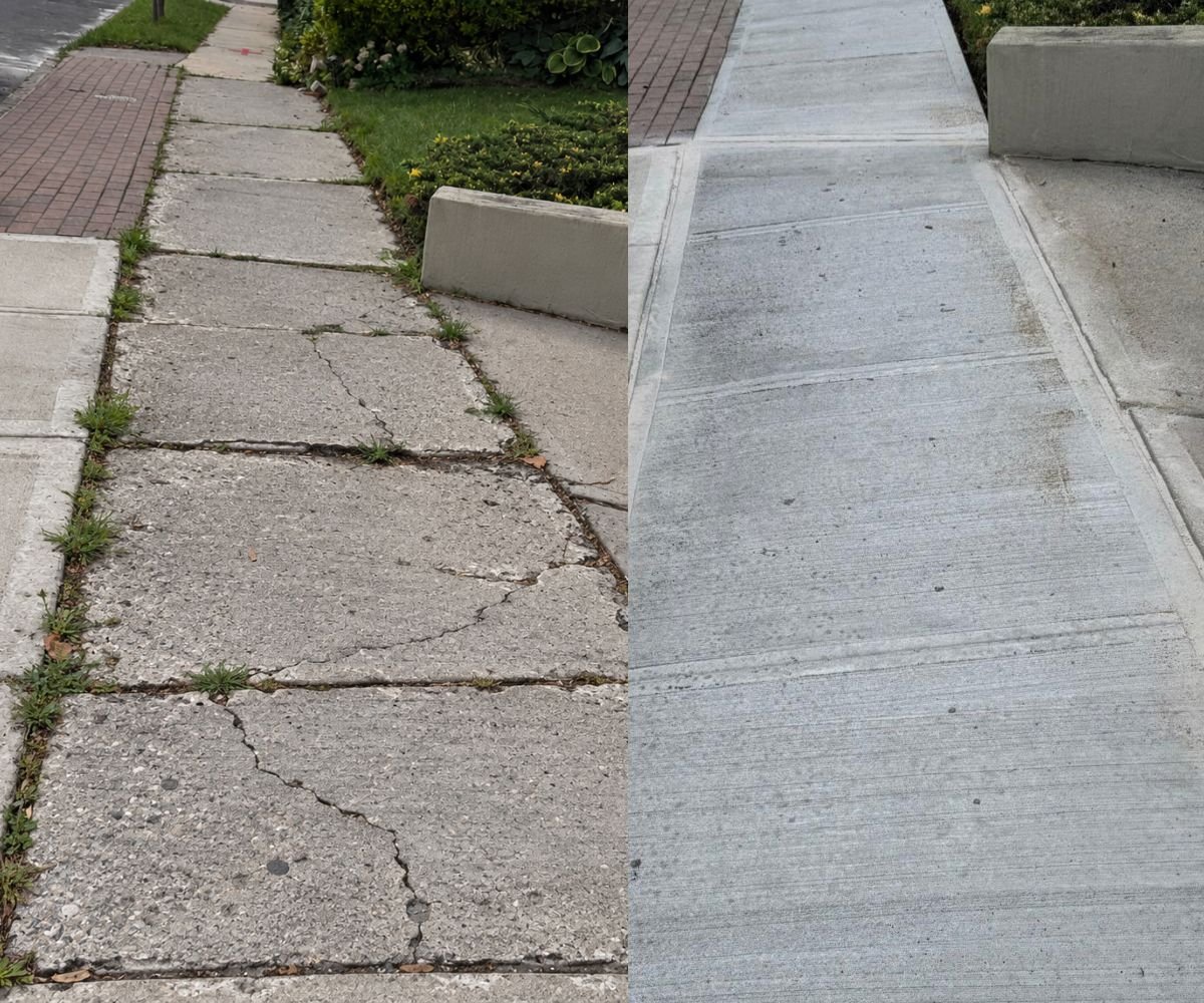 Before and after concrete sidewalk replacement in Jamaica, Queens