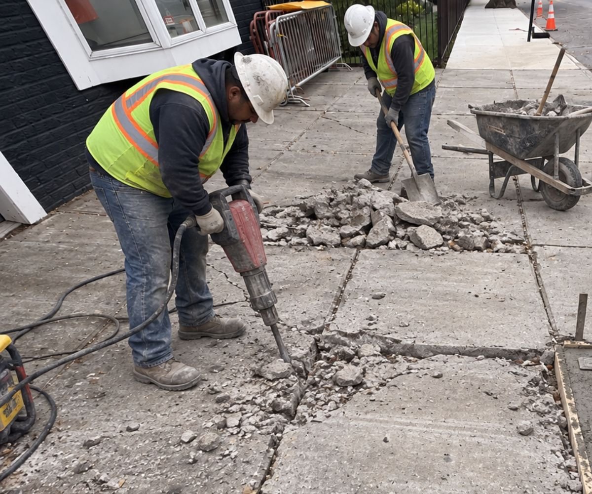 Sidewalk repair crew removing deteriorated concrete during the sidewalk replacement project on Francis Lewis Boulevard in Queens.