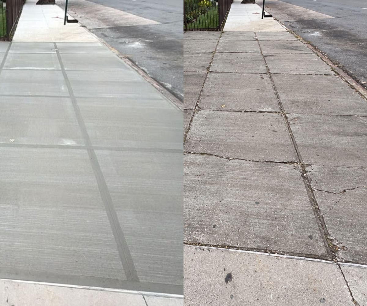 Before-and-after view showing the worn, cracked sidewalk and the newly replaced concrete sidewalk in Oakland Gardens, Queens.