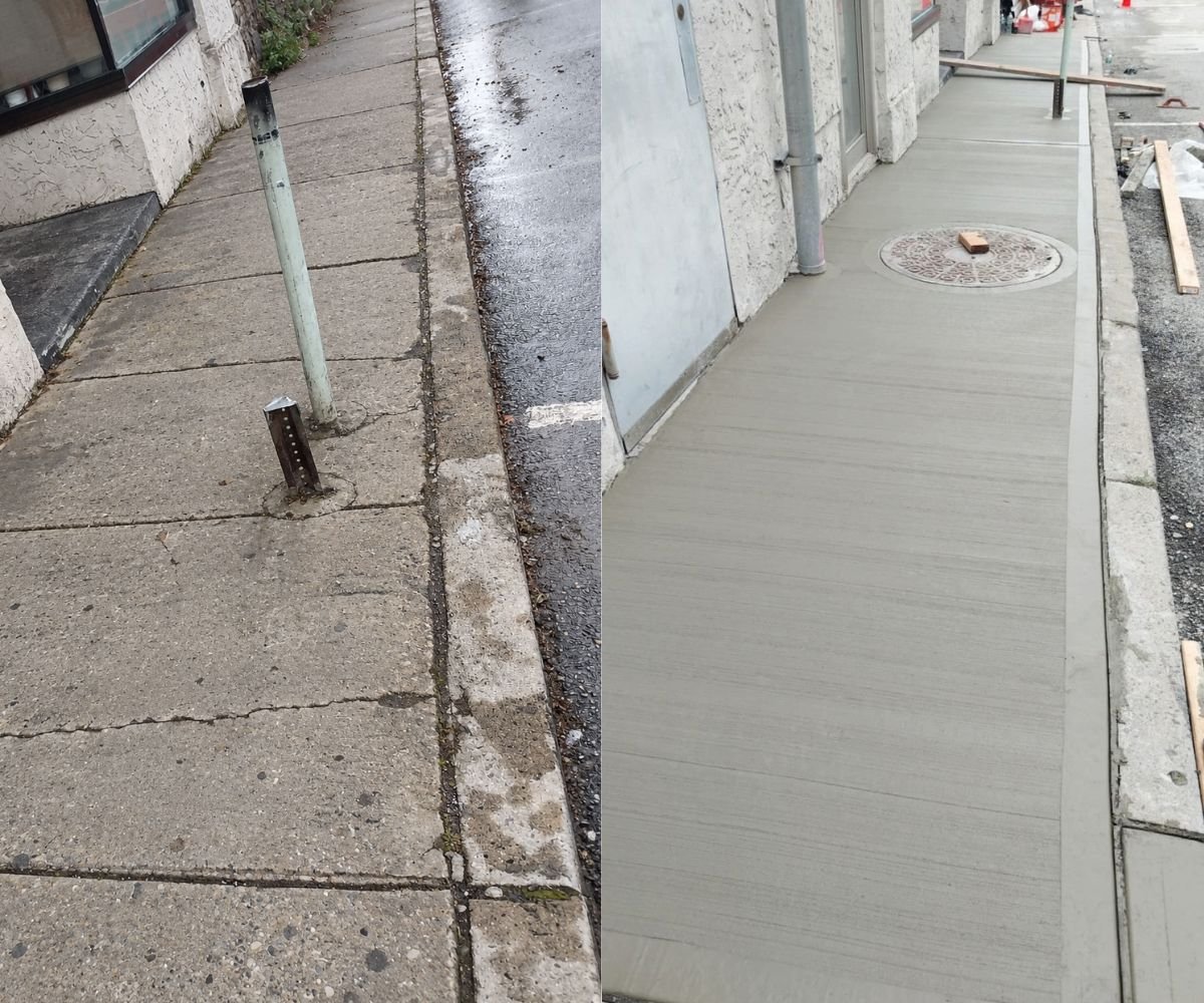 Before-and-after comparison showing the worn sidewalk and completed concrete replacement at 107 Lake Ave in Tuckahoe.