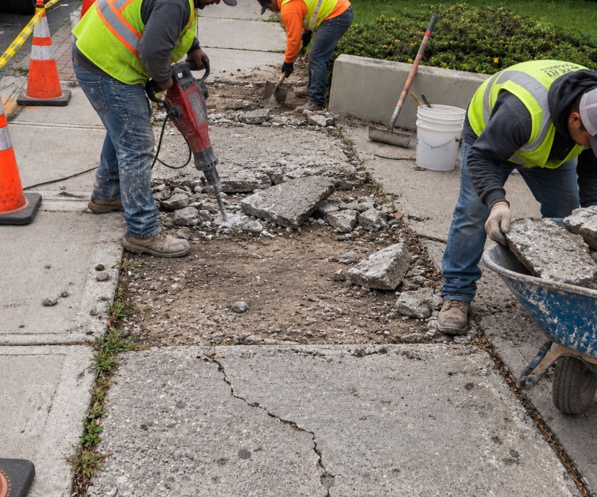 FY Sidewalk crew removing damaged concrete slabs in Jamaica, Queens