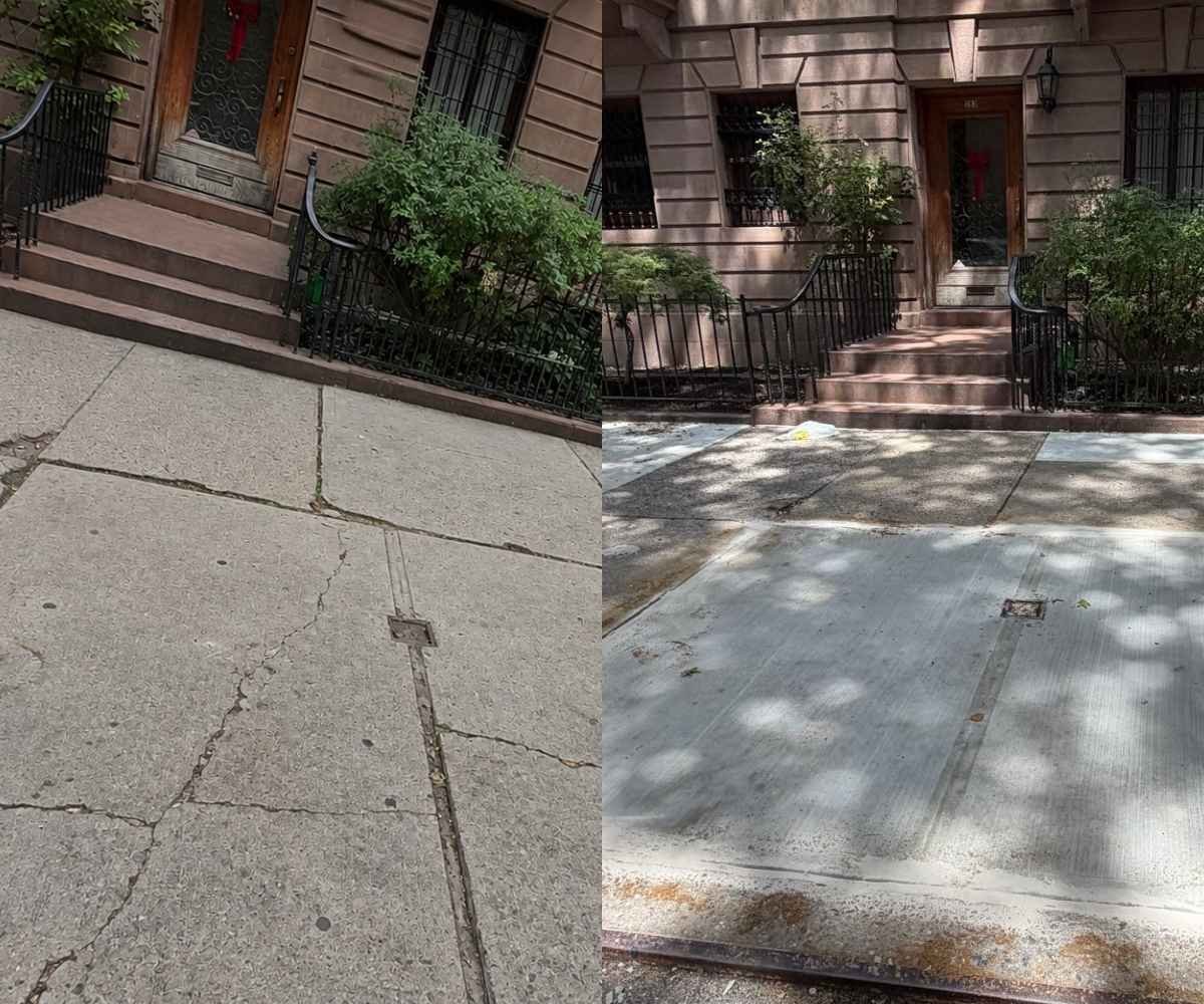 Before and after view of tree-root-damaged sidewalk slabs replaced at a historic Strivers' Row townhouse in NYC.
