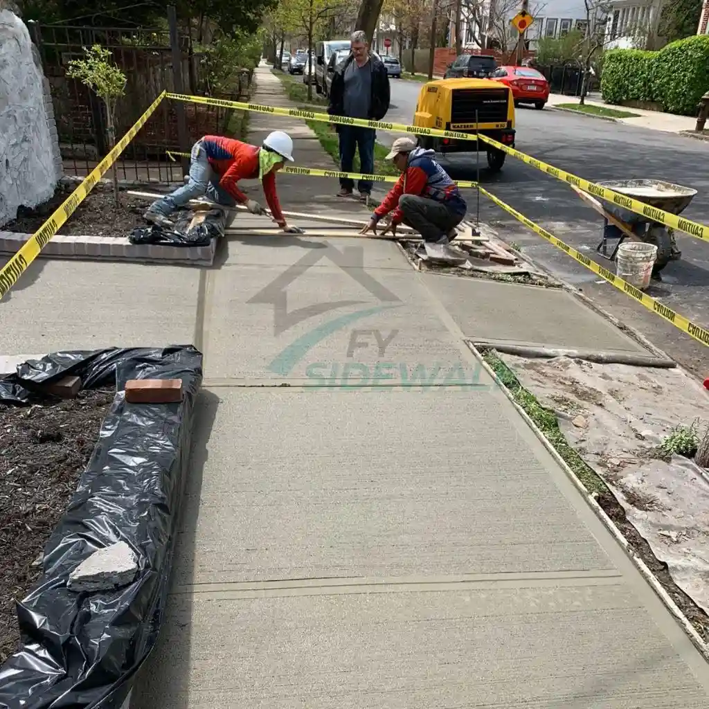 Sidewalk repair work in Brooklyn with workers finishing new concrete, safety tape, and construction tools on site.
