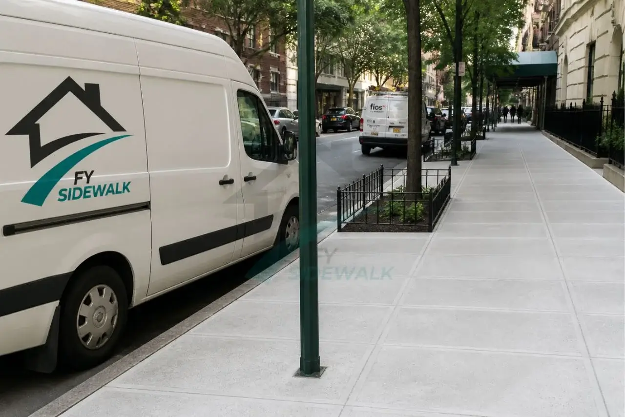 fy sidewalk van parked beside a newly replaced concrete sidewalk on a tree-lined manhattan street
