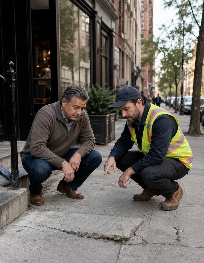 contractor showing manhattan property owner a raised cracked sidewalk slab near building entrance