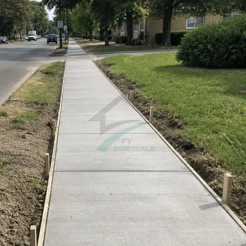 freshly poured concrete sidewalk with wooden forms along a residential street in queens