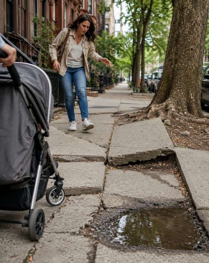 woman walking carefully near cracked and uneven sidewalk slabs caused by tree roots in nyc neighborhood