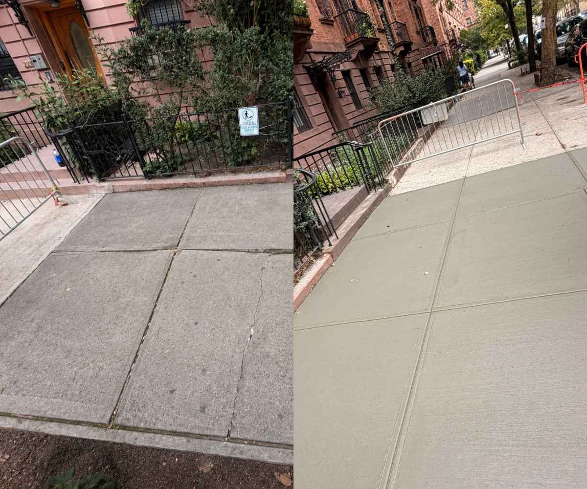 Before and after view of damaged concrete sidewalk slabs replaced at a historic Harlem property due to tree-root damage.