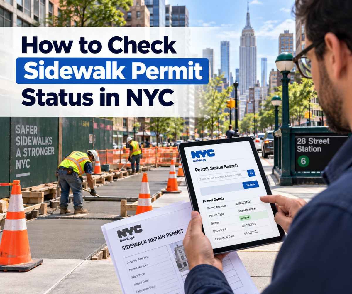 NYC sidewalk repair work with a property owner checking sidewalk permit status online.