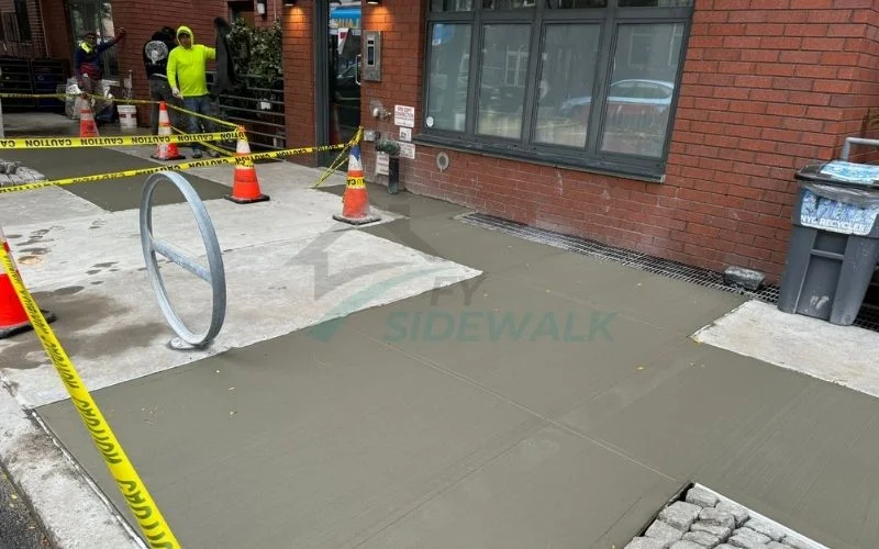 fresh concrete sidewalk repair outside a bronx building entrance