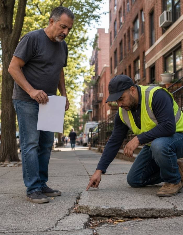 contractor showing bronx property owner a raised cracked sidewalk slab after dot notice