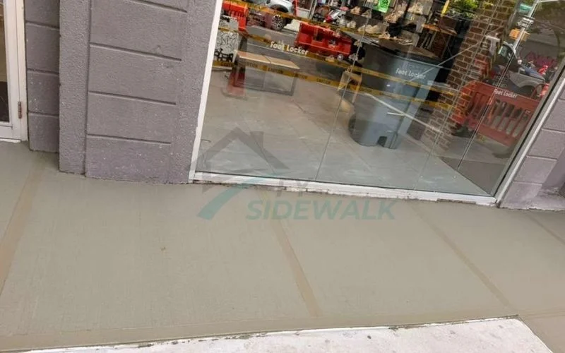 new concrete sidewalk repair outside a queens storefront entrance