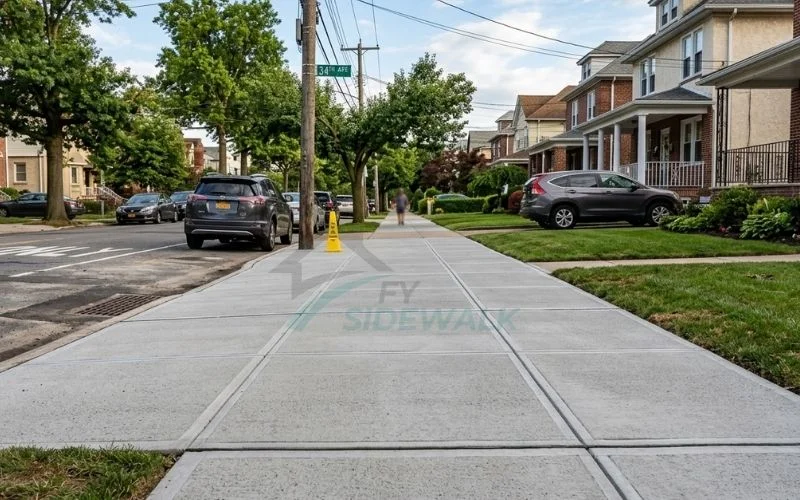repaired sidewalk on a tree-lined queens residential street