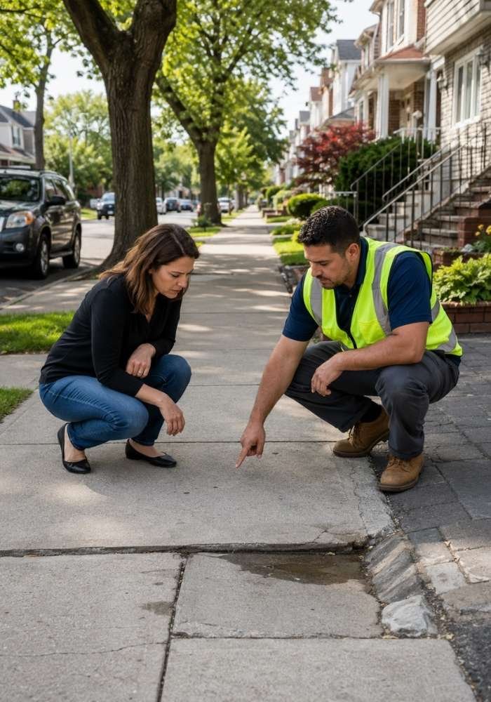 contractor showing queens property owner a small cracked sidewalk defect with water buildup