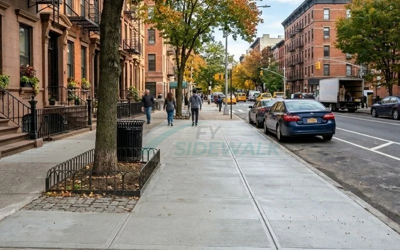 completed sidewalk replacement along a tree lined brooklyn street