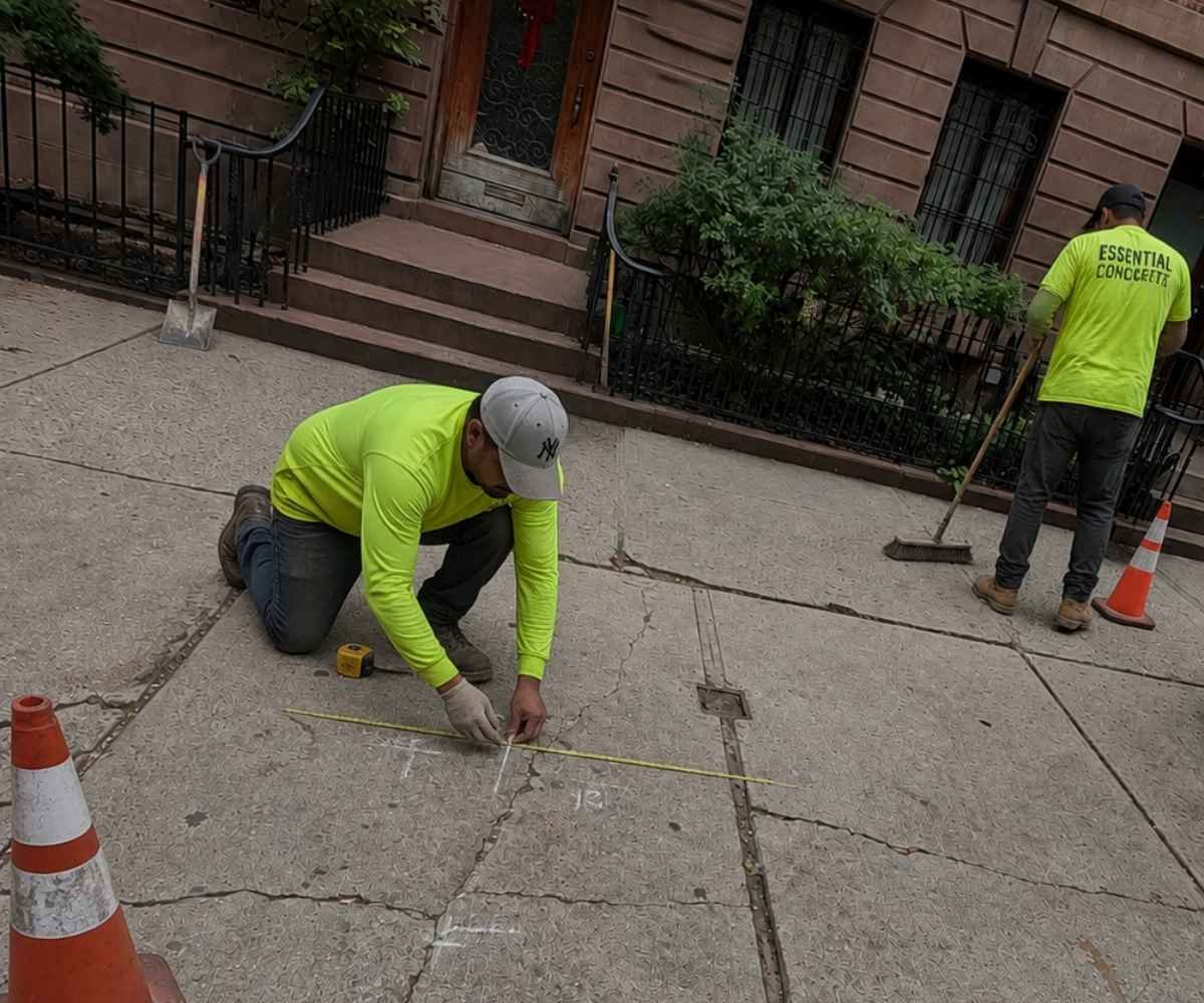 Sidewalk repair crew inspecting and preparing damaged concrete slabs for replacement at 263 W 139th St in Manhattan.