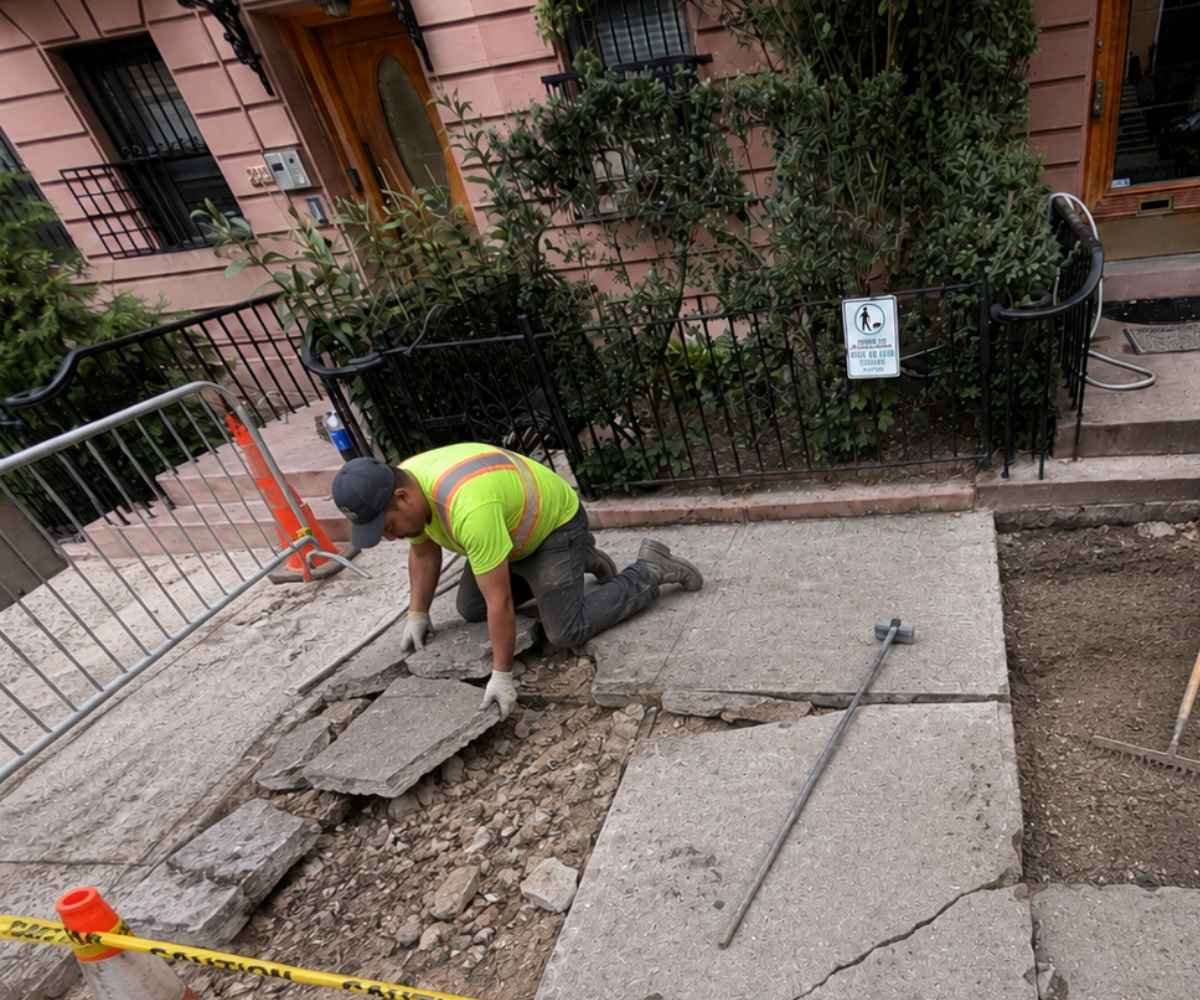 Worker removing damaged concrete sidewalk slabs during tree-root-related sidewalk replacement at 227 W 139th St in Harlem.